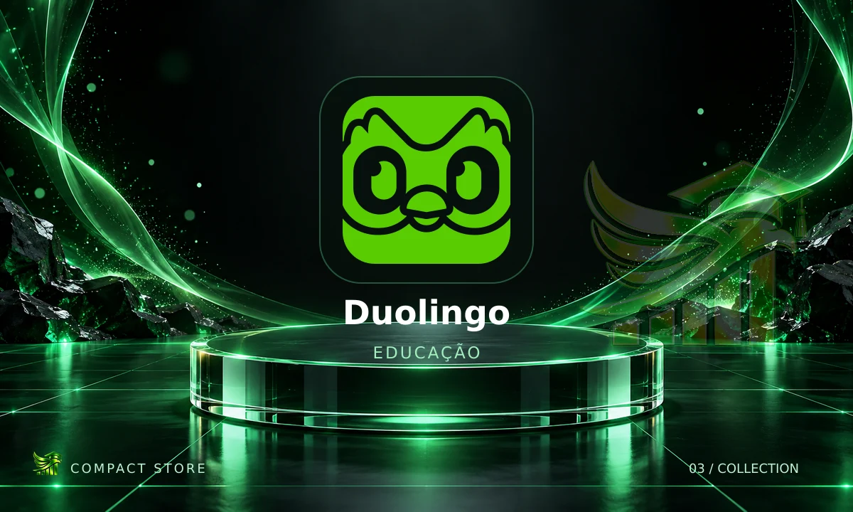 Logo de Duolingo Super 12 Meses em arte da Compact Store